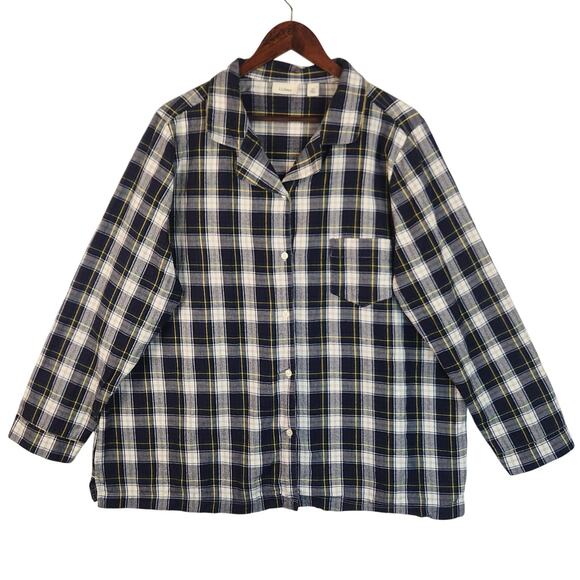 LL Bean Button Up Pajama Top Womens 2X Blue Plaid Long Sleeve Cotton Flannel EUC - Picture 1 of 16